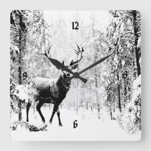Vintages Stag Hirsch Schwarz-weiß Tier Quadratische Wanduhr