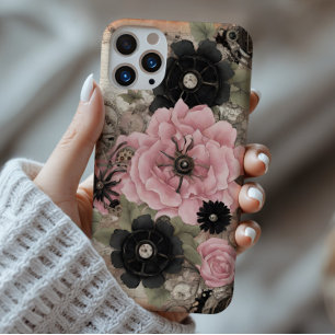 Vintages Steampunk Boho Pink und Schwarzes Floral iPhone 16 Pro Max Hülle