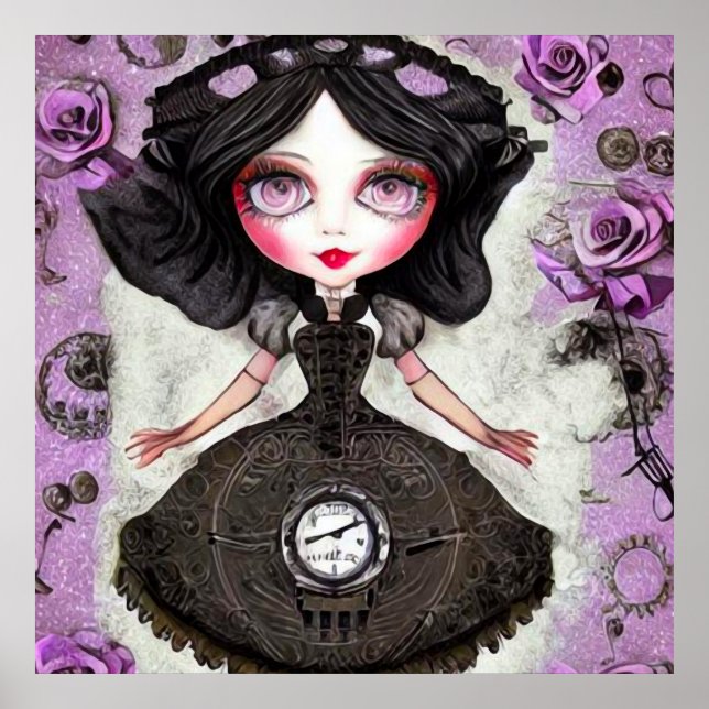 Vintages Steampunk-Uhrenkleippdoll Poster (Vorne)
