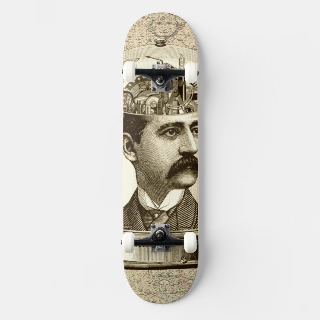 Vintages Steampunk-Uhrwerk Gehirn, Schnurrbart Skateboard (Vorderseite)