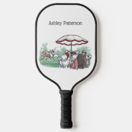 Vintages stilisiertes Polo Match Ladys Lunch Zeich Pickleball Schläger