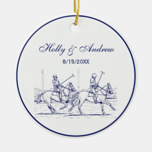 Vintages stilisiertes Polo-Match Zeichnend #2 Blue Keramik Ornament