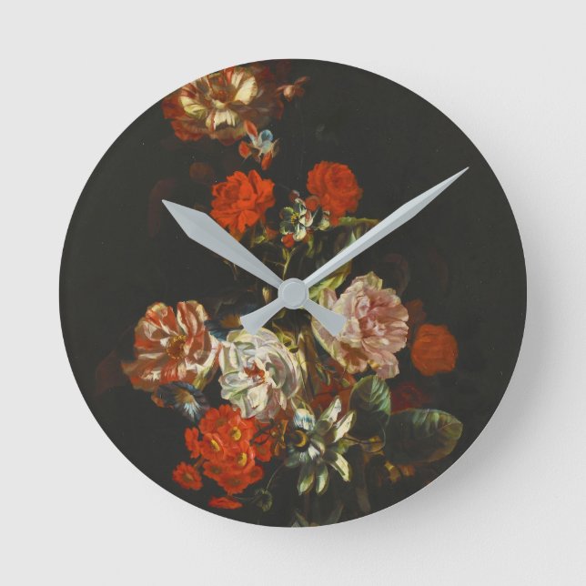 Vintages Stillleben mit Blume Runde Wanduhr (Vorderseite)