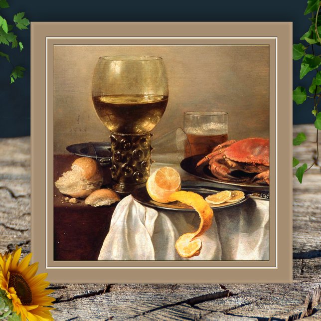 Vintages Stillleben mit Crab Tile Fliese (Ceramic kitchen tile featuring a vintage still life painting with food and wine)