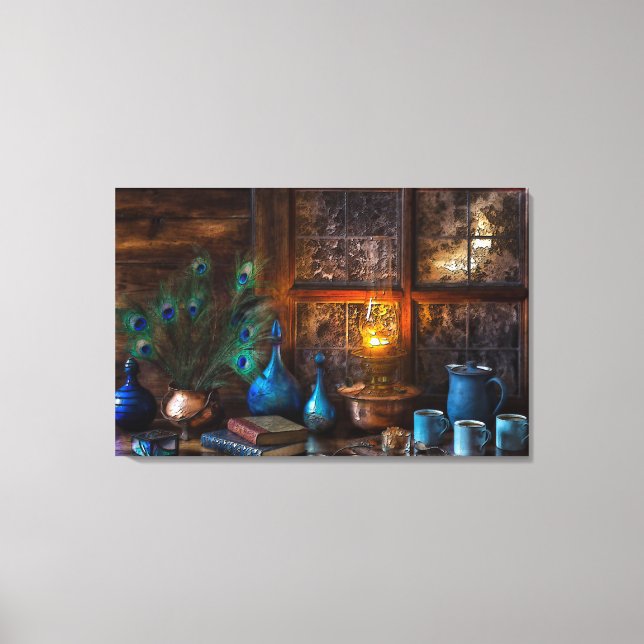 Vintages Stillleben mit Pfauenfedern Leinwanddruck (Vorderseite)