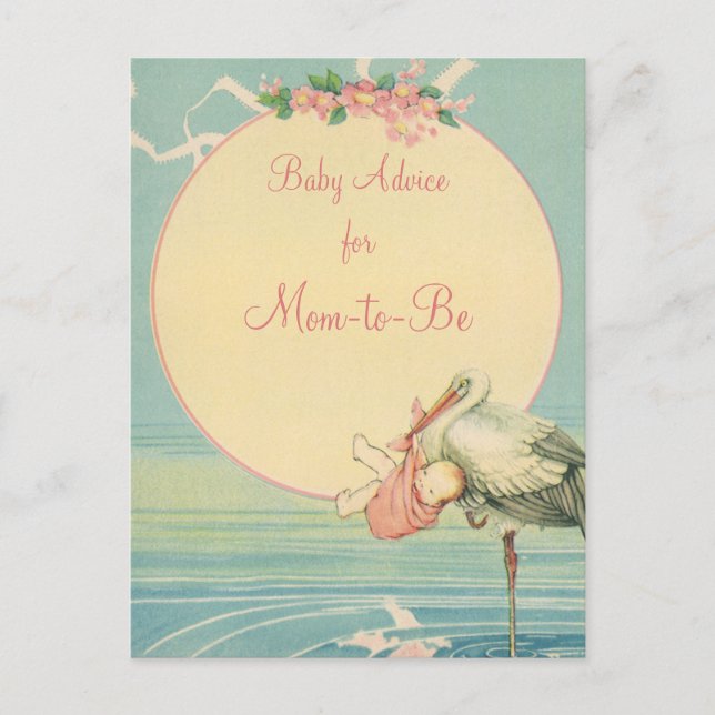 Vintages Storchtragende Babymädchen in einem rosa  Hinweiskarte (Vorderseite)