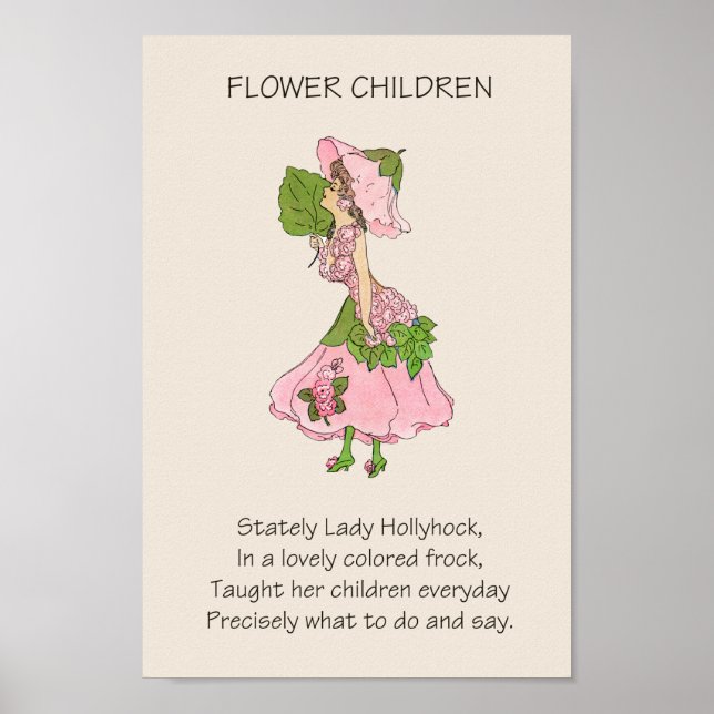 Vintages Storybook Blume Children HOLLYHOCK Poster (Vorne)