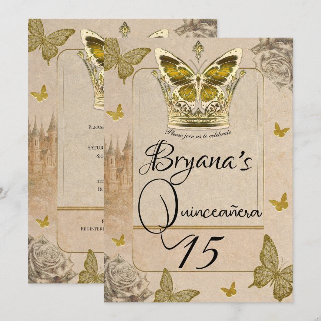 Vintages Storybook Gold Butterfly Quinceañera Einladung (Vorne/Hinten)