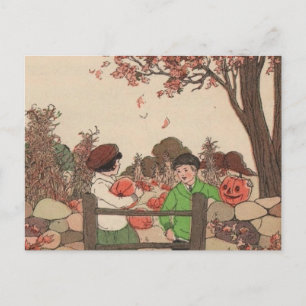 Vintages Storybook Kids & Pumpkins Postkarte