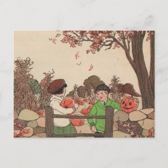 Vintages Storybook Kids & Pumpkins Postkarte (Vorderseite)