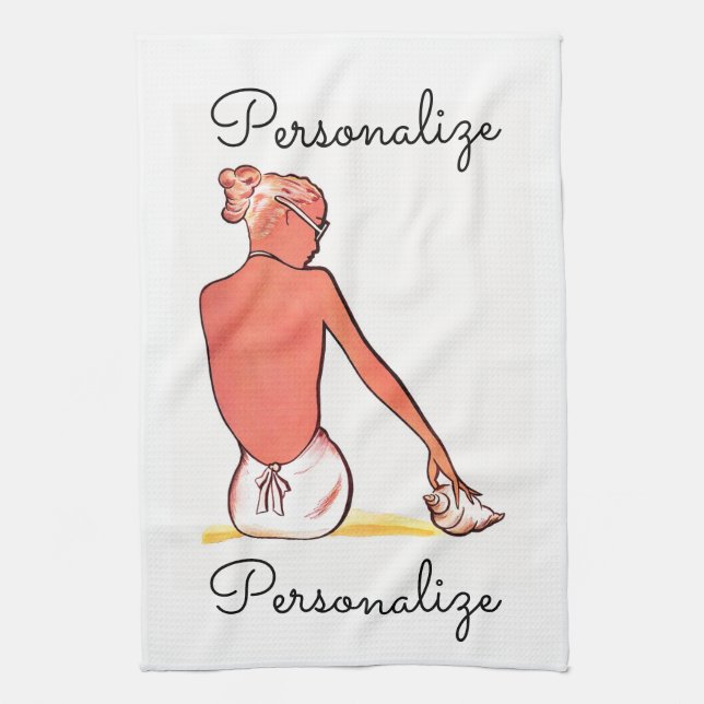 Vintages Strandmädchen mit seashing sommerlich ele Geschirrtuch (Vertikal)