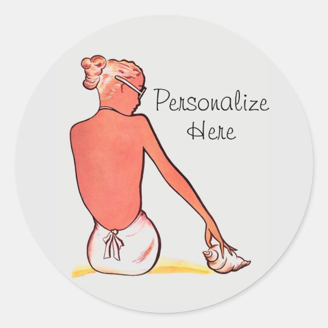 Vintages Strandmädchen mit seashing sommerlich ele Runder Aufkleber (Vorderseite)