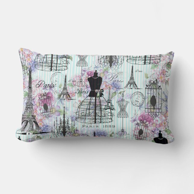 Vintages Streifen Eiffel-Turmcollagenrosa mit Lendenkissen (Vorderseite)