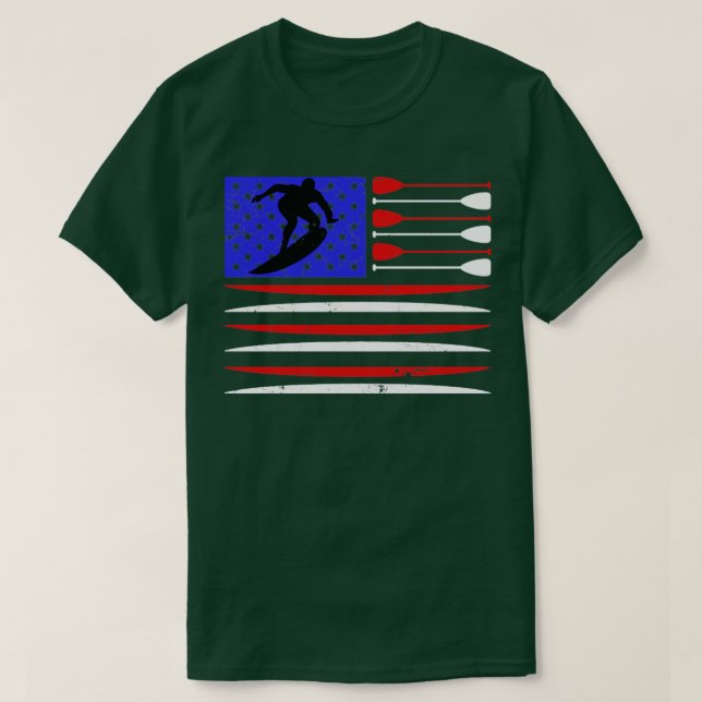 VINTAGES Surfbrett unter US-Flagge T-Shirt (Design vorne)