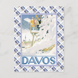Vintages Swiss Raulway Poster, Davos Postkarte