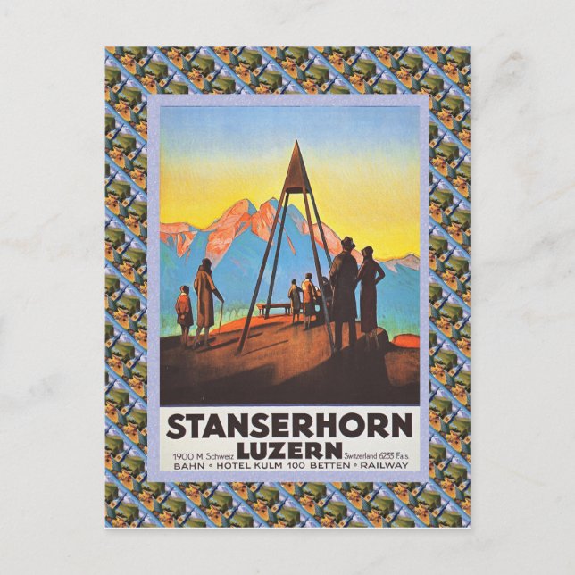 Vintages Swiss Raulway Poster, Stanzerhorn Postkarte (Vorderseite)