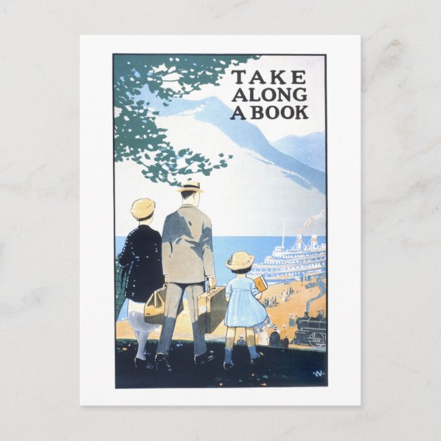 Vintages "Take Along a Book" Reiseplakat Postkarte (Vorderseite)
