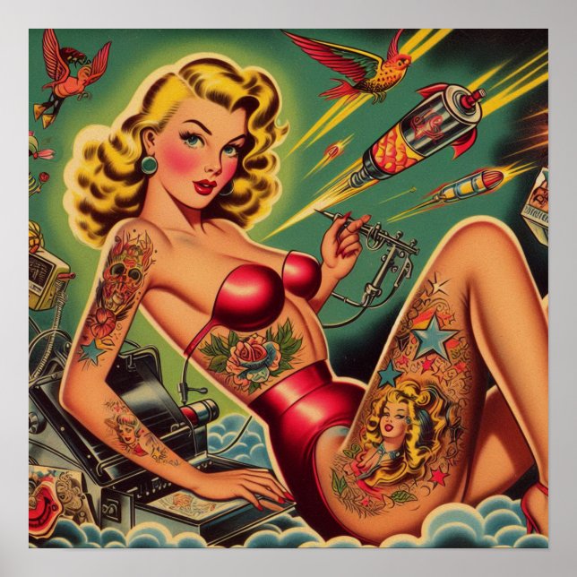 Vintages tattooides Button hoch Poster (Vorne)