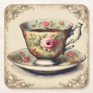Vintages TeaCup Blumenkohl Brautparty Party Rechteckiger Pappuntersetzer