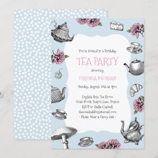 Vintages Tee-Party Geburtstag Baby Blue Einladung