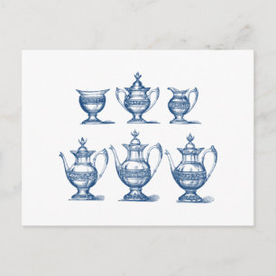 Vintages Tee Set Blau Weißer Kaffeebeutel dekorati Postkarte