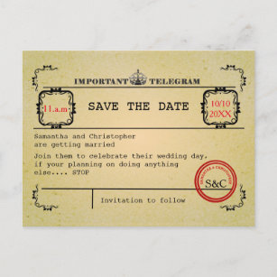 Vintages Telegramm, das Save the Date wedding ist Ankündigungspostkarte