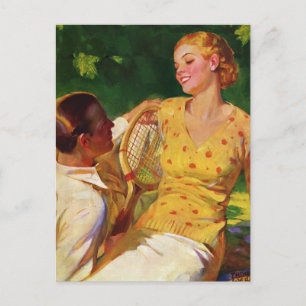 Vintages Tennis, Liebe und Romantik Postkarte