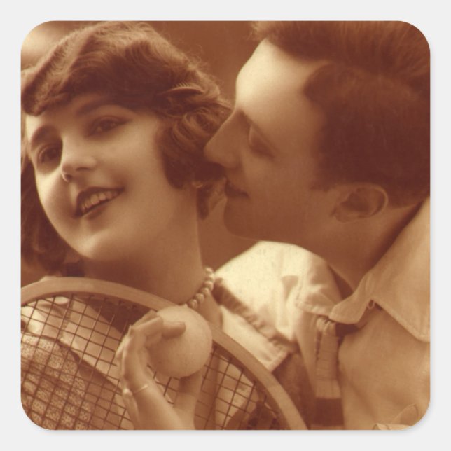 Vintages Tennis, Liebe und Romantik Quadratischer Aufkleber (Vorderseite)