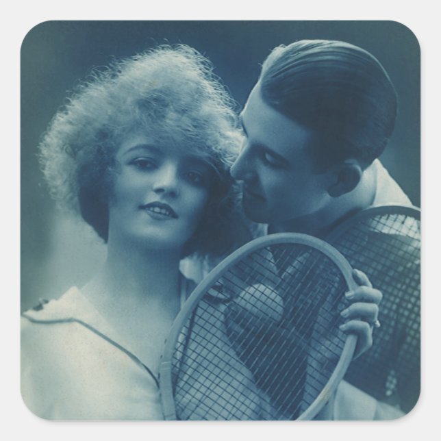 Vintages Tennis, Liebe und Romantik Quadratischer Aufkleber (Vorderseite)