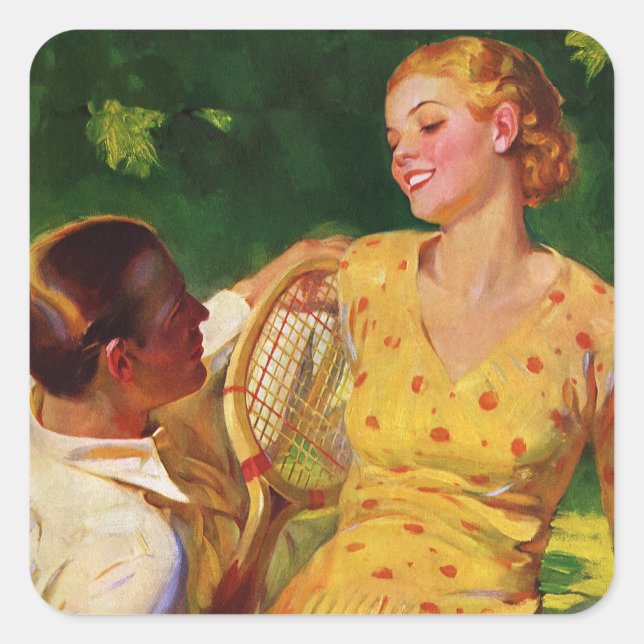 Vintages Tennis, Liebe und Romantik Quadratischer Aufkleber (Vorderseite)