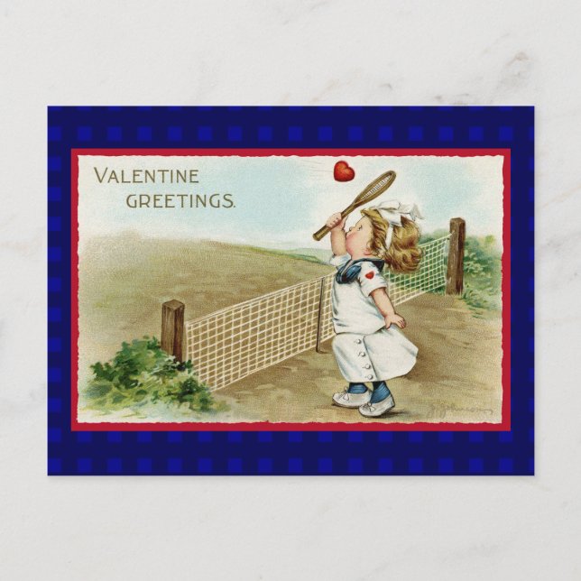 Vintages Tennis Valentine mit Altem Tennis Outfit Postkarte (Vorderseite)