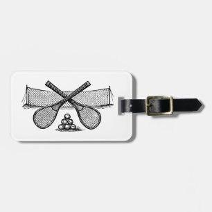 Vintages Tennisnetz, überquerte Racquets, Bälle Gepäckanhänger