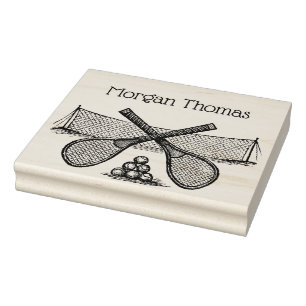 Vintages Tennisnetz, überquerte Racquets, Bälle Gummistempel