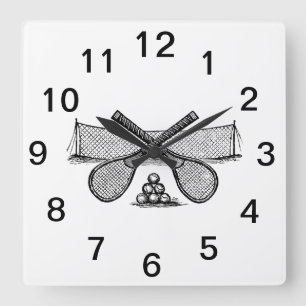 Vintages Tennisnetz, überquerte Racquets, Bälle Quadratische Wanduhr