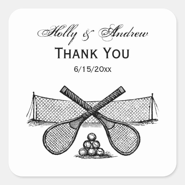 Vintages Tennisnetz, überquerte Racquets, Bälle Quadratischer Aufkleber (Vorderseite)