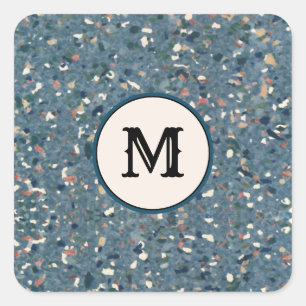 Vintages Terrazzo Retro Muster - Blue Terra Cotta Quadratischer Aufkleber