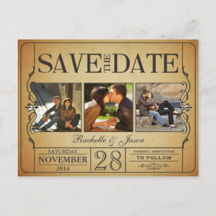 Vintages Ticket Save the Date — 3 Bilder 2.0 Ankündigungspostkarte