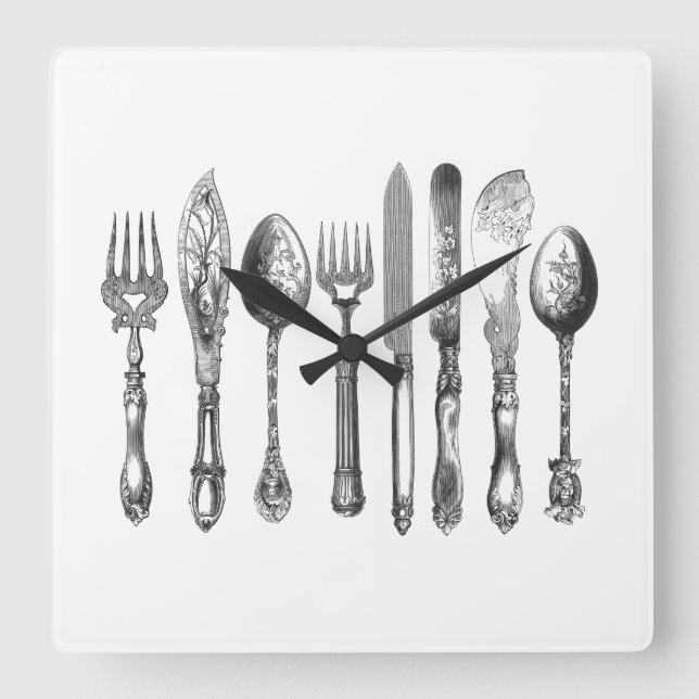 Vintages Tischbesteck-Schwarz-weiße Quadratische Wanduhr (Vorderseite)