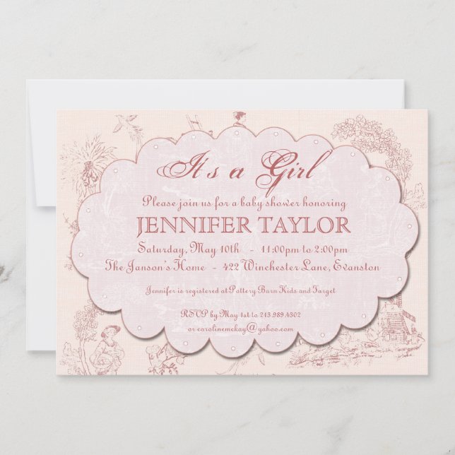 Vintages Toile Baby-Duschen-Einladungs-Rosa Einladung (Vorderseite)