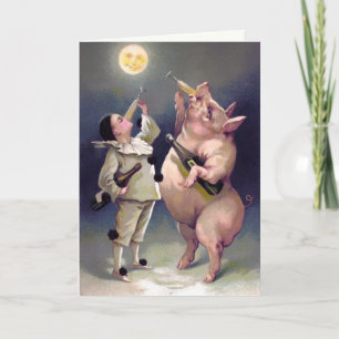 Vintages Trinkschwein - Weihnachtskarte Feiertagskarte
