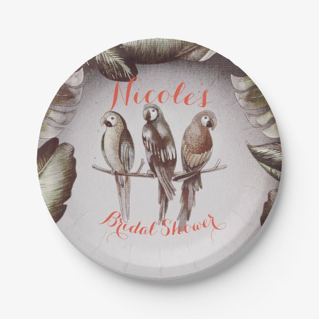 Vintages Tropical Tiki Birds Parrots & Blätter Par Pappteller (Vorderseite)