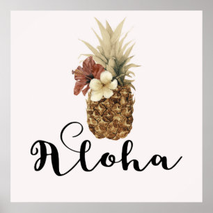 Vintages tropisches Ananas Hibiskus Blumenbanner Poster