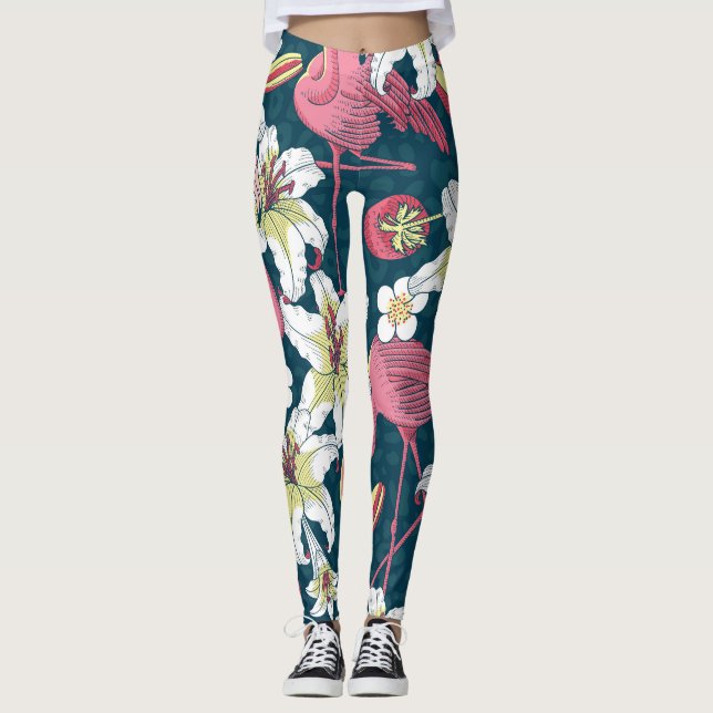 Vintages tropisches Flamingoes Lilies Pattern Leggings (Vorderseite)