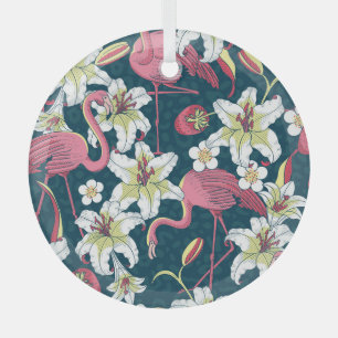 Vintages tropisches Flamingoes Lilies Pattern Ornament Aus Glas