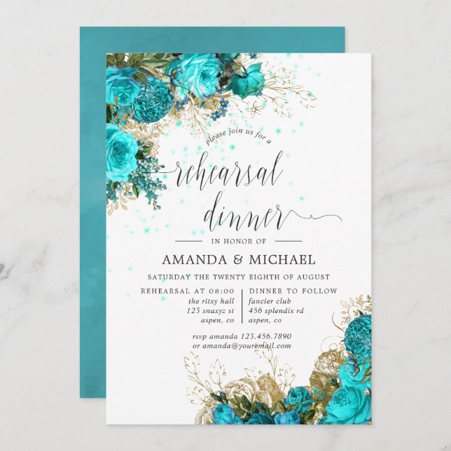 Vintages Türkis und Gold Probe Dinner Einladung (Vorne/Hinten)