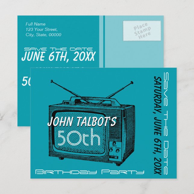 Vintages TV, 50. Geburtstag Save the Date Ankündigungspostkarte (Vorne/Hinten)