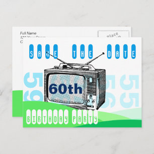 Vintages TV, 60. Geburtstag, Save the Date Postkar Ankündigungspostkarte