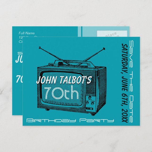 Vintages TV, 70. Geburtstag Save the Date Ankündigungspostkarte (Vorne/Hinten)