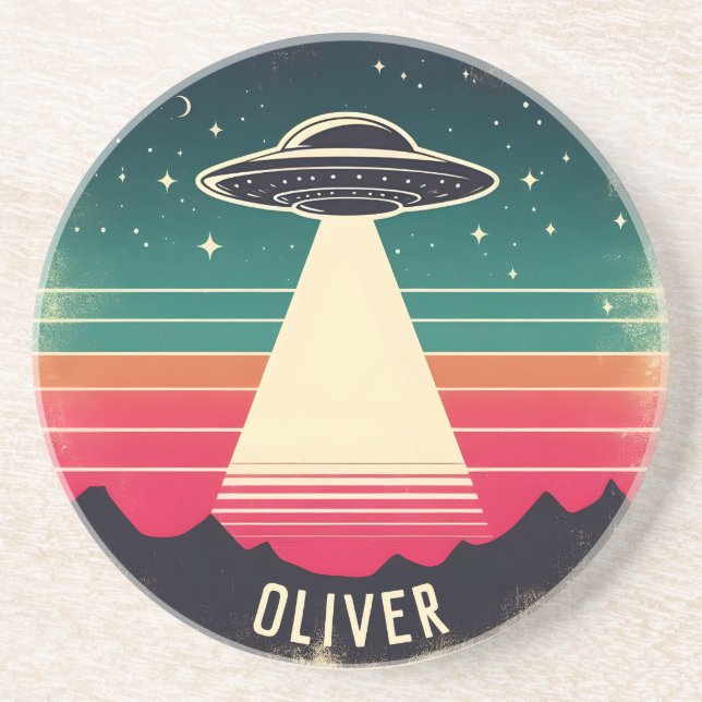 Vintages UFO bei Sonnenuntergang Personalisiert Getränkeuntersetzer (Vorne)