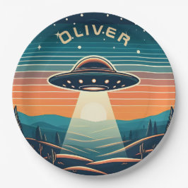 Vintages UFO bei Sonnenuntergang Personalisiert Pappteller